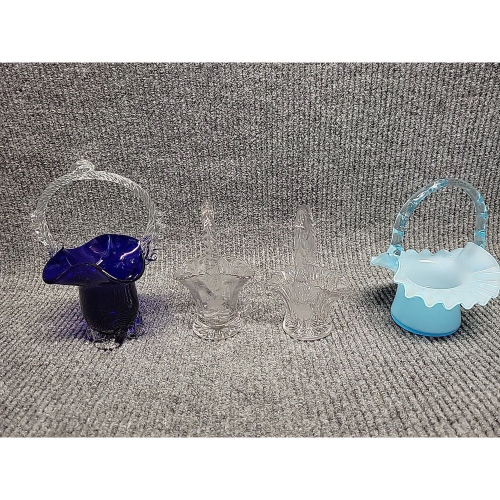 Vintage Glass Basket Lot of 4 Cobalt Blue Light Blue Satin Etched Clear Glass